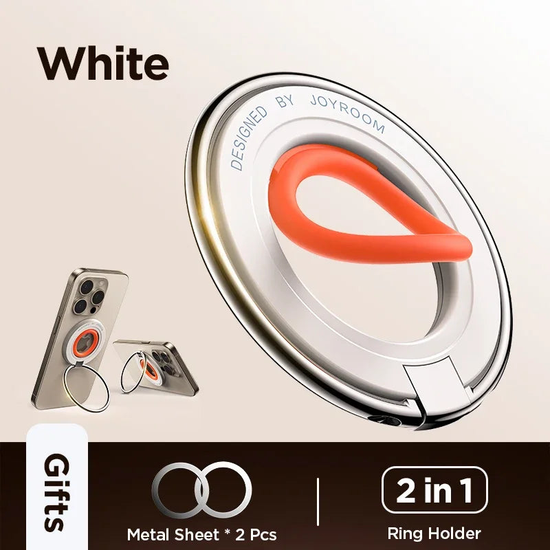 White Joyroom magnetic phone ring holder with orange silicone loop, shown on iPhones with included dual metal sheets for grip and kickstand use